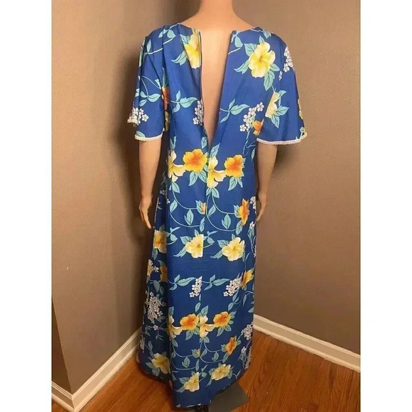 Made in Hawaii Vintage MuuMuu Maxi Dress Blue with Yellow Hibiscus Ladies Sz 14 - Picture 3 of 9